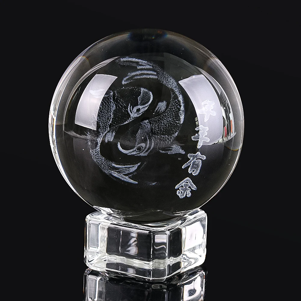 3D Gravado Cristal Lucky Fish Ball, Koi Prosperidade Figurinhas, Papel Peso Esferas De Vidro, Mesa Centerpiece, Home Decor Ball, 50mm