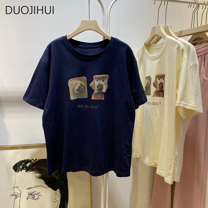 DUOJIHUI Navy Blue Summer Chicly Printing Casual Women T-shirts New Contrast Color Fashion Simple Office Ladies Female T-shirts