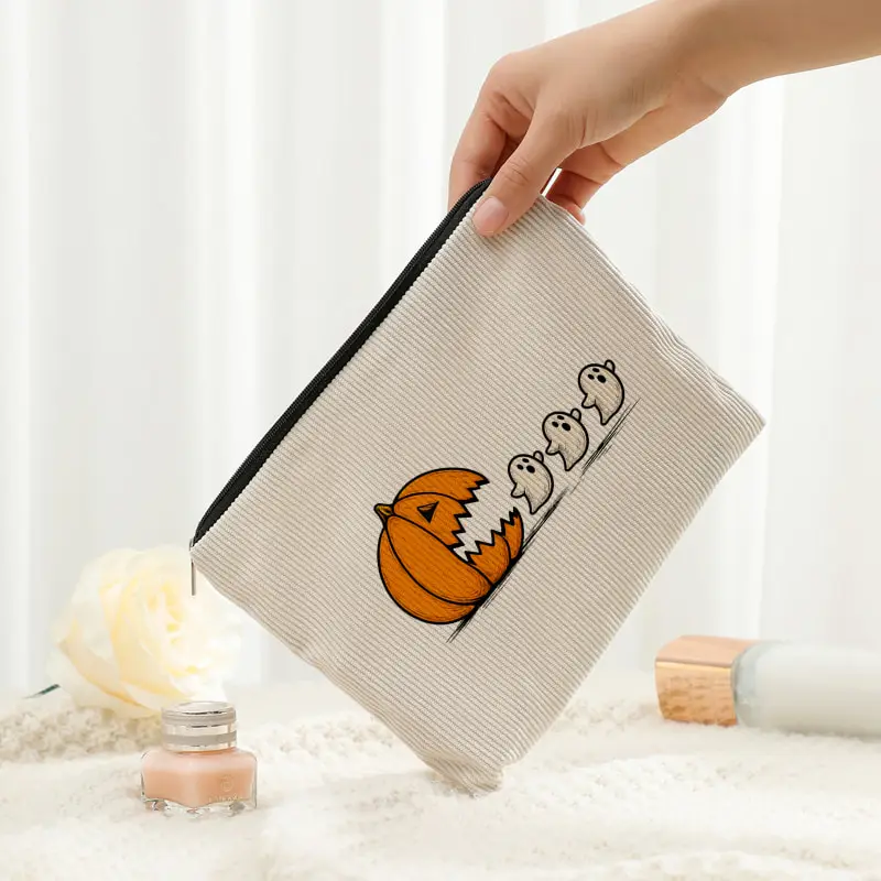 Halloween Funny Pumpkin Ghost Print Corduroy Cosmetic Bag Cute Cartoon Zipper Pouch Travel Makeup Toiletry Storage Gift
