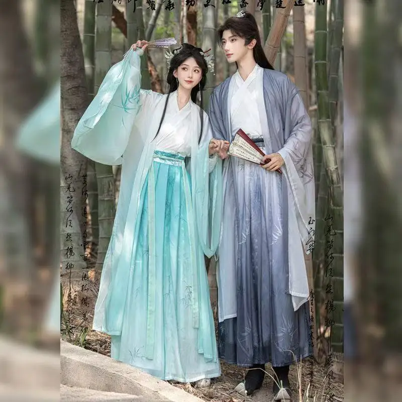 أزياء هانفو التقليدية للزوجين بتصميم ووشيا القتالي للرجال والنساء، طراز ويجين المطبوع بأكمام واسعة، مناسبة للكرنفالات وعروض المسرح وأزياء الكوسبلاي