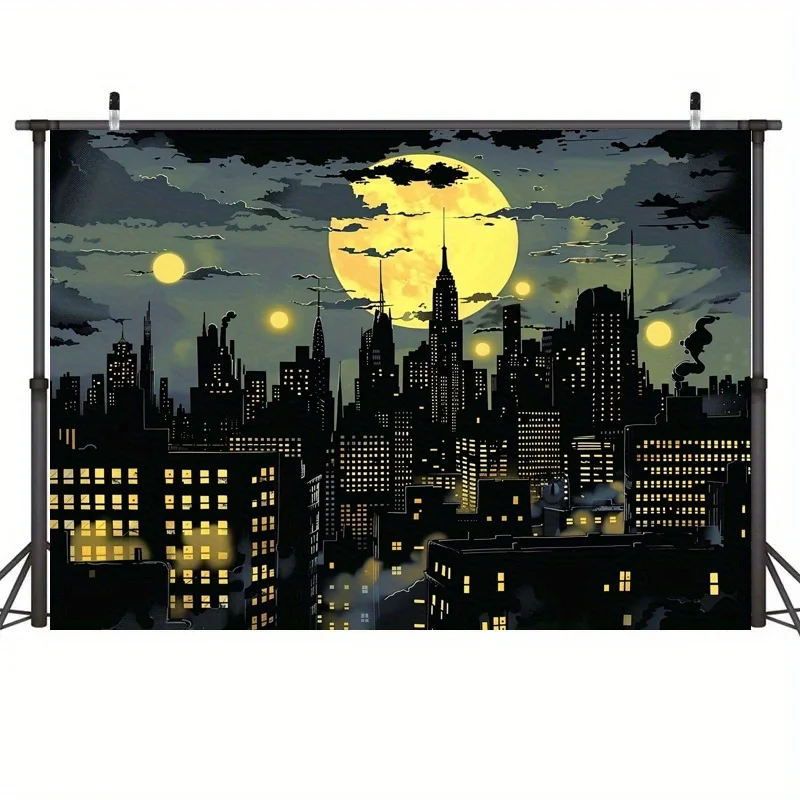 Superhero City Skyline مع خلفية الخفافيش - لافتة حفلات من البوليستر اللامع، مناسبة للتصوير الفوتوغرافي وأعياد الميلاد والمناسبات #5