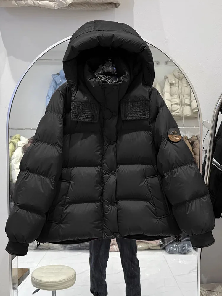 Koreanischer Stil mit Kapuze, Daunenjacke für Damen, 2022, Neuankömmling, verdickte Kapuzen-Pufferjacke mit langen Ärmeln, Winter