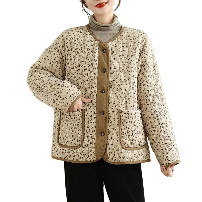 Retro Coat for Women with Floral Thin and Warm Cotton Coat Loose Fat Mm Contrast Jacket for Women