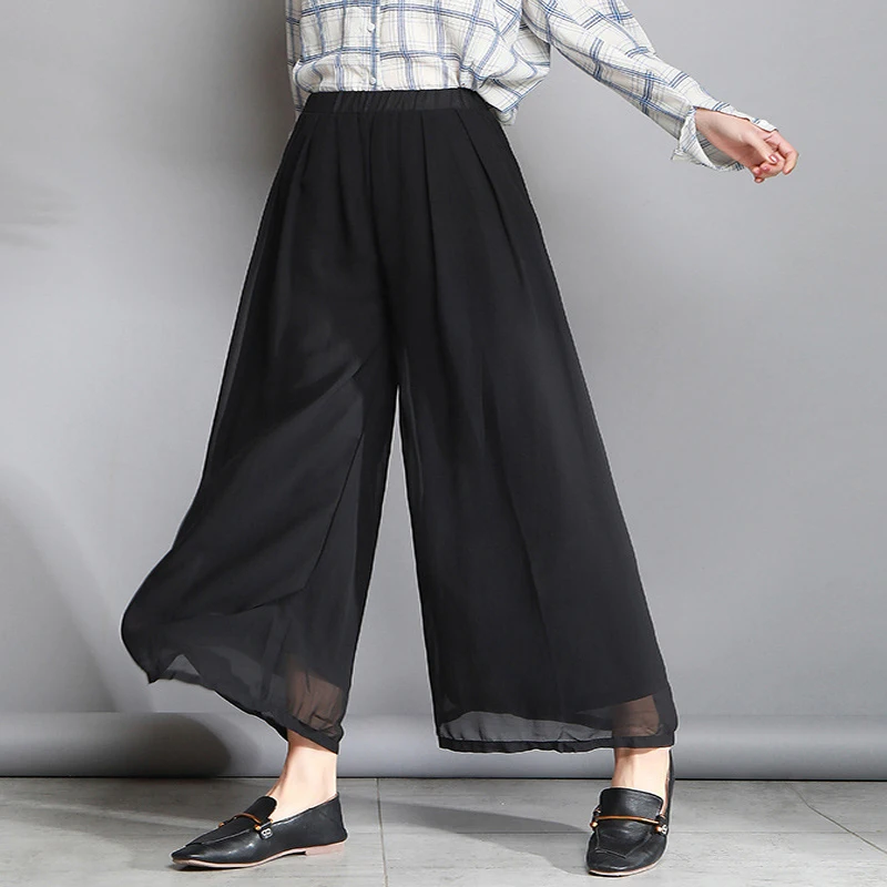 

Plus Size Chiffon Wide-leg Pants Solid Black Blue Loose Pants Oversized Women Clothing Summer Autumn Spring Casual Fashion