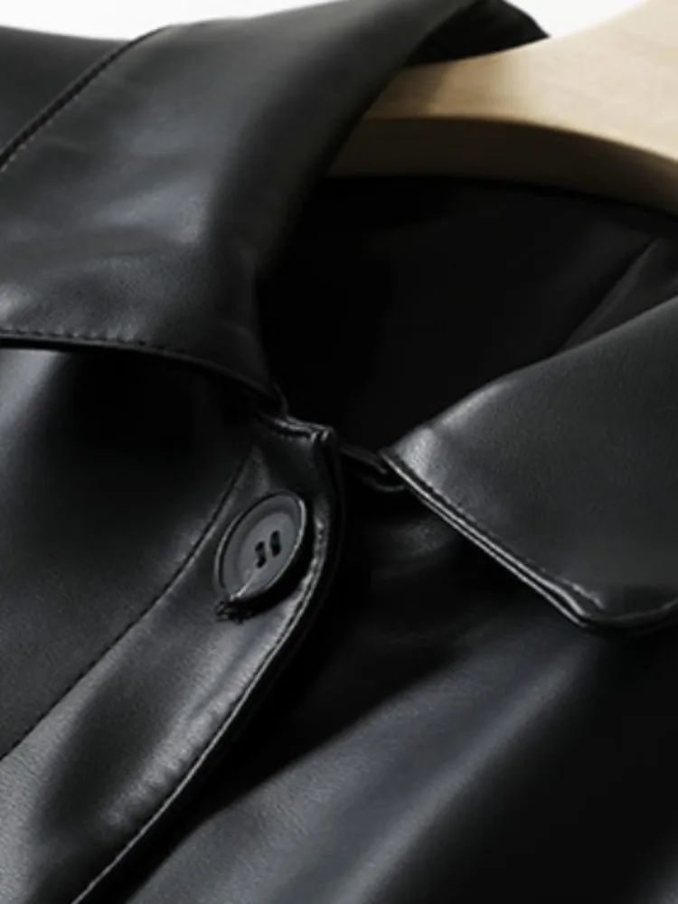 Giacca da donna in vera pelle con risvolto tinta unita stile retrò Capispalla in pelle di pecora a maniche lunghe con tasca monopetto allentata