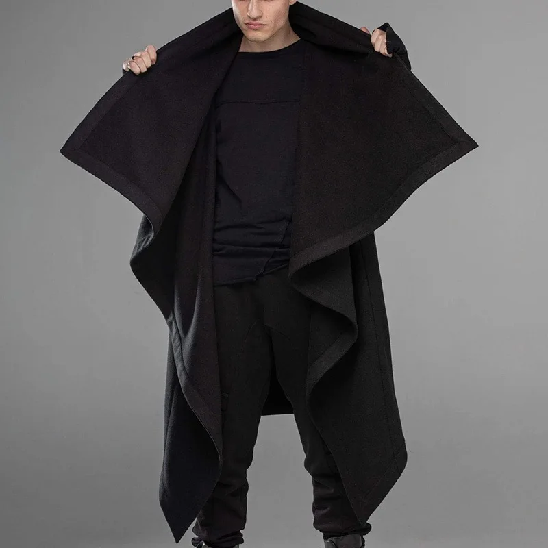 Men's Cape Jacket Turtleneck Solid Color Long-sleeved Punk Irregular Trench Coat Winter Thickened Men's Clothing