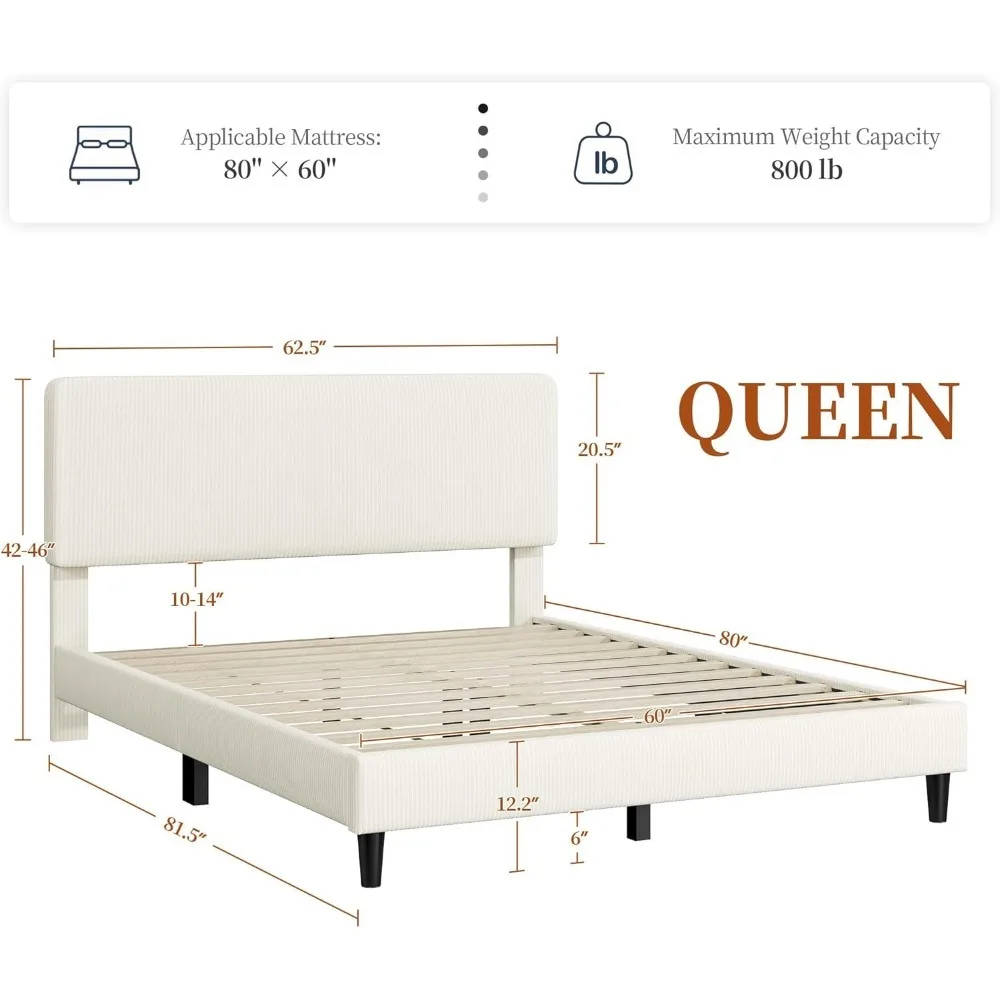 إطارات سرير كوين مع لوح رأسي قابل للتعديل، لوح أمامي/منصة من قماش الشنيل، إطار سرير بحجم كوين