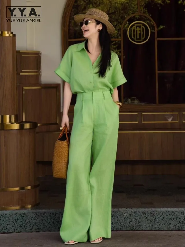 High Quality Summer Women Pure Linen Short Sleeve Match Sets Fashion Full Length Outfits Skin Friendly Comfortable Two-Piece Set