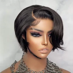 Peluca de encaje BOB con corte Pixie para mujer, Color Natural, parte lateral, cabello humano liso Remy, parte en T transparente, encaje sin pegamento