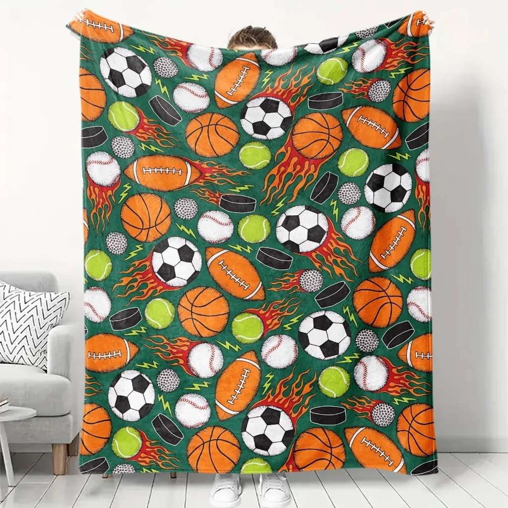 Football Basketball Soccer Tennis Flame Repeat Print Flannel Throw Blanket, Warm Cozy Blanket, Sport Decor Gift Bedroom Rest Use