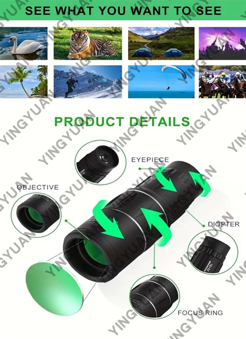 16X52 HD high-definition zoom portable monocular, remote professional telescope, suitable for travel, camping, hiking