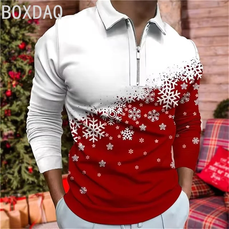 

Men Polo Shirt 3D Snowflake Graphic Christmas Style Polo Shirt Oversized Men Autumn Long Sleeve Turndown With Zipper Polo Shirt