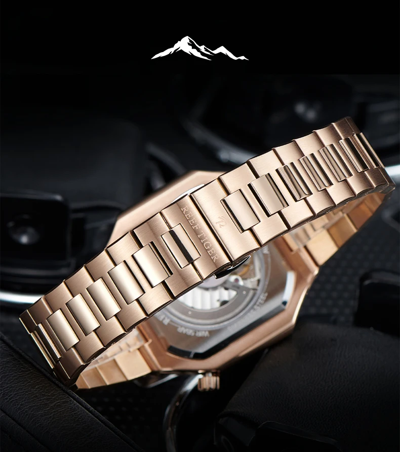 Reef Tiger Men Automatic Watch 44mm Square Luxury Mechanical Wristwatch 5ATM Waterproof Luminous Sapphire Mirror Date