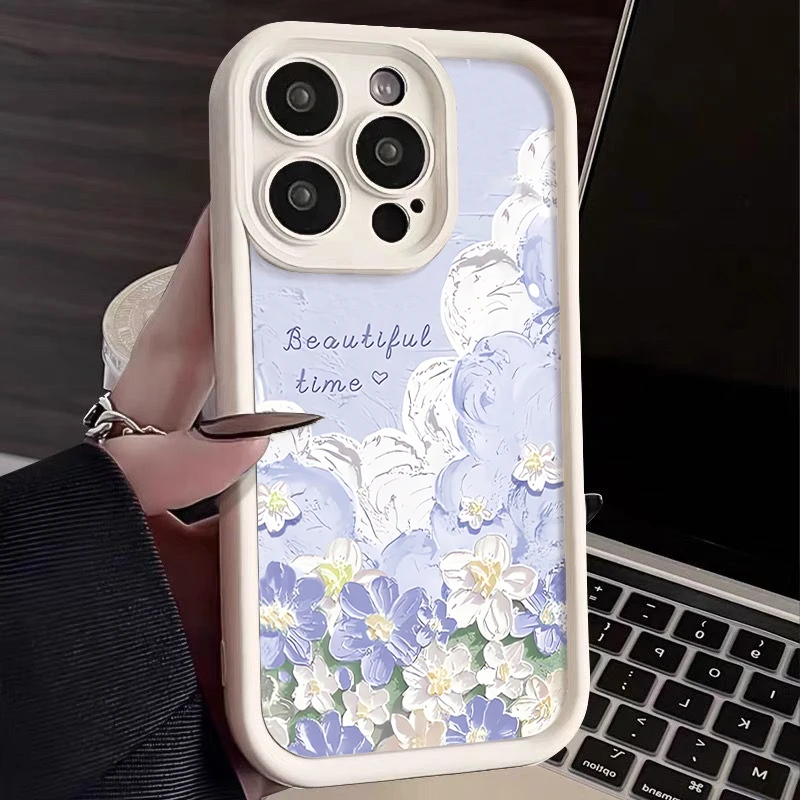 3D Oil Painting Flower Print Case For iPhone 14 15 Pro 13 12 11 Pro Max 7 8 XR X XS Shockproof Soft Silicone Phone Cover Fundas