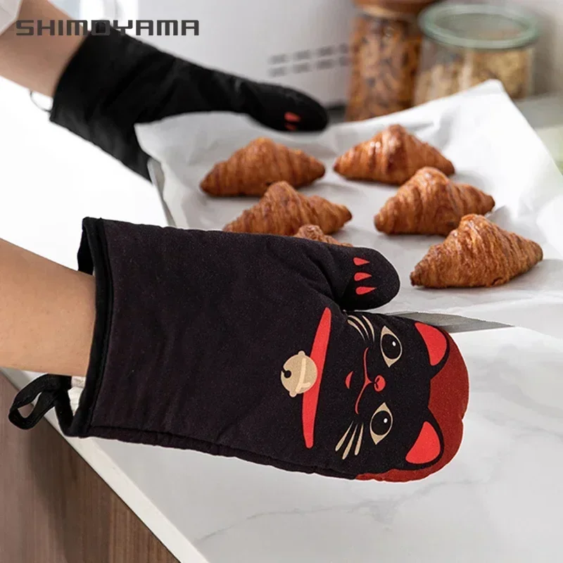 SHIMOYAMA 1/2pcs Oven Mitt Cute Cat Kitchen Heat Resistant Gloves Thickened Anti-scald Microwave Baking BBQ Insulation Gloves