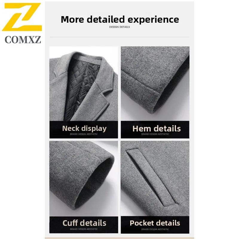 COMXZ Wool Overcoat Men Winter Cotton Padded Thick Woolen Fashion Business Casual Solid Color Trench Coat Waterproof Windproof