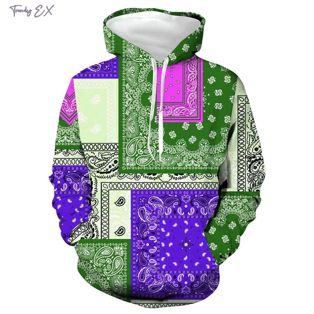 2024 New Sweatshirt Unisex Retro Bandana Print Cool Hoodies Fashion Patchwork Pattern Design Kangaroo Pocket Men\'s Sweatshirt