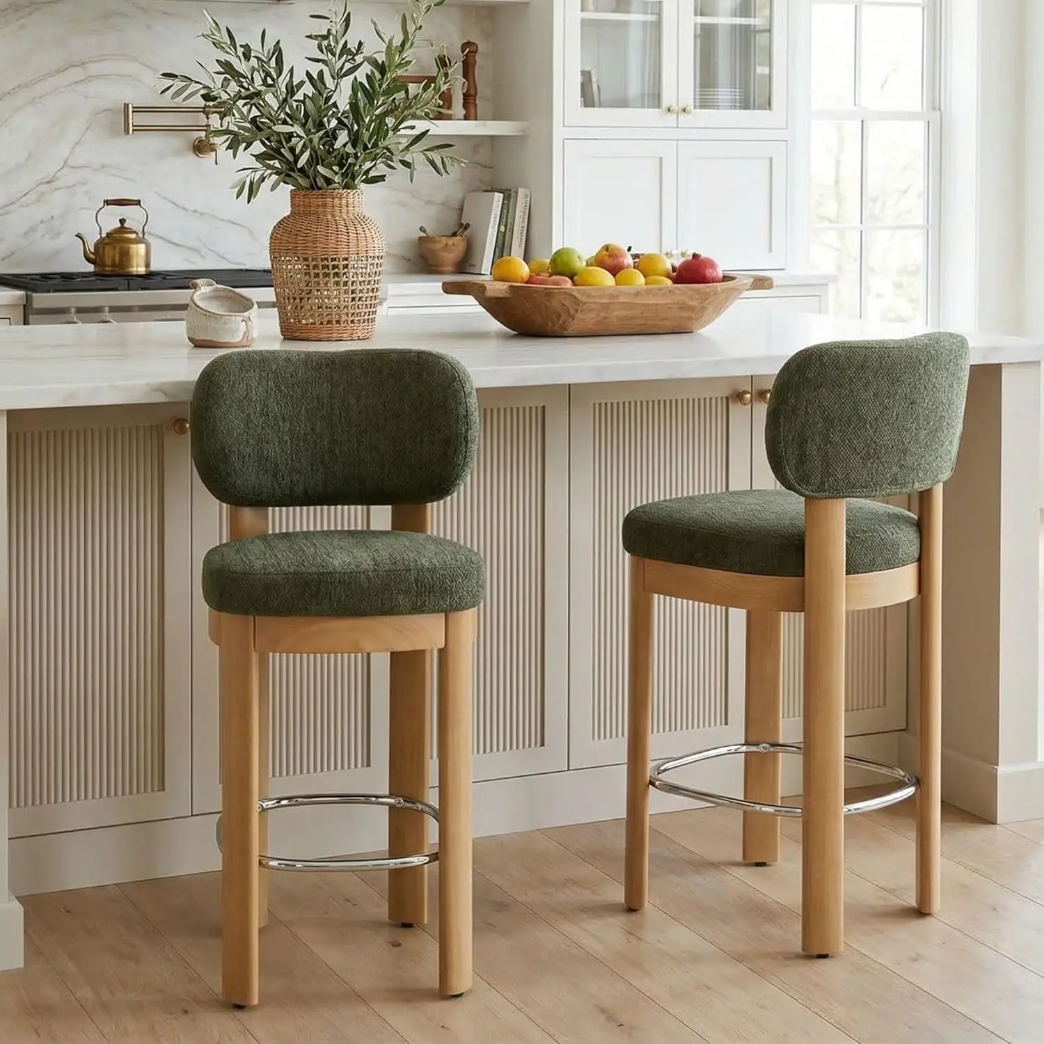 #Green Upholstered Counter Height Bar Stools Set of Armless Wood Legs Padded Back Kitchen Island Dining
