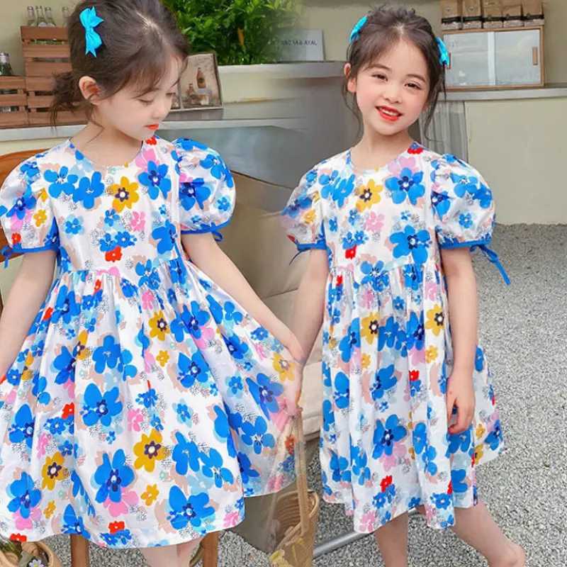 Girls' Floral Tie Sweet Dress Princess Dress25Spring and Summer New Fashion Foreign Trade Children's Clothing Wholesale