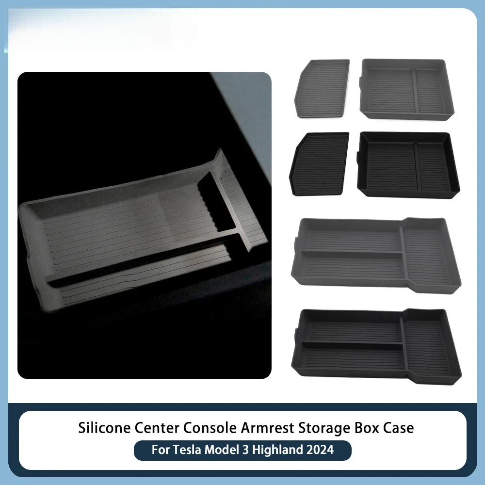 

For Tesla Model 3 Highland 2024 Center Console Storage Box Glasses Card Armrest Storage Case Silicone Anti-slip Mat Accessories