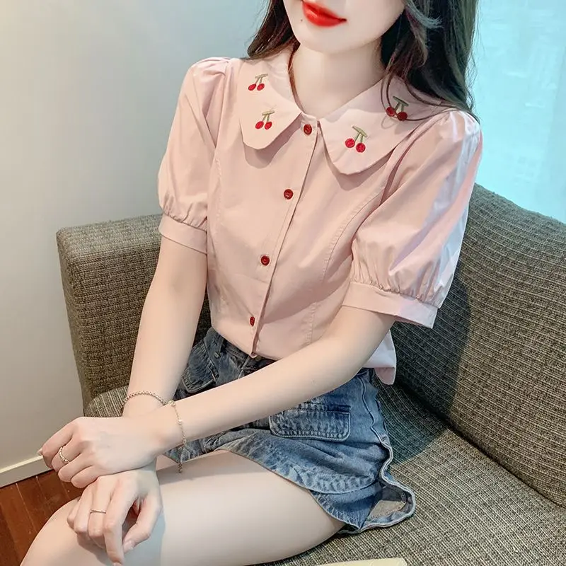 Womens Trendy Vintage Kawaii Embroidery Button Up Shirt Summer Peter Pan Collar Short Sleeve Blouse Female Casual Slim Chic Tops