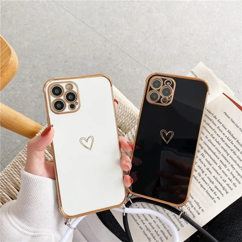 Electroplating Love Heart Crossbody Lanyard Phone Case For IPhone 17 16 Pro Max 15 14 13 12 11 Xr SE2/SE3 Shockproof Back Cover