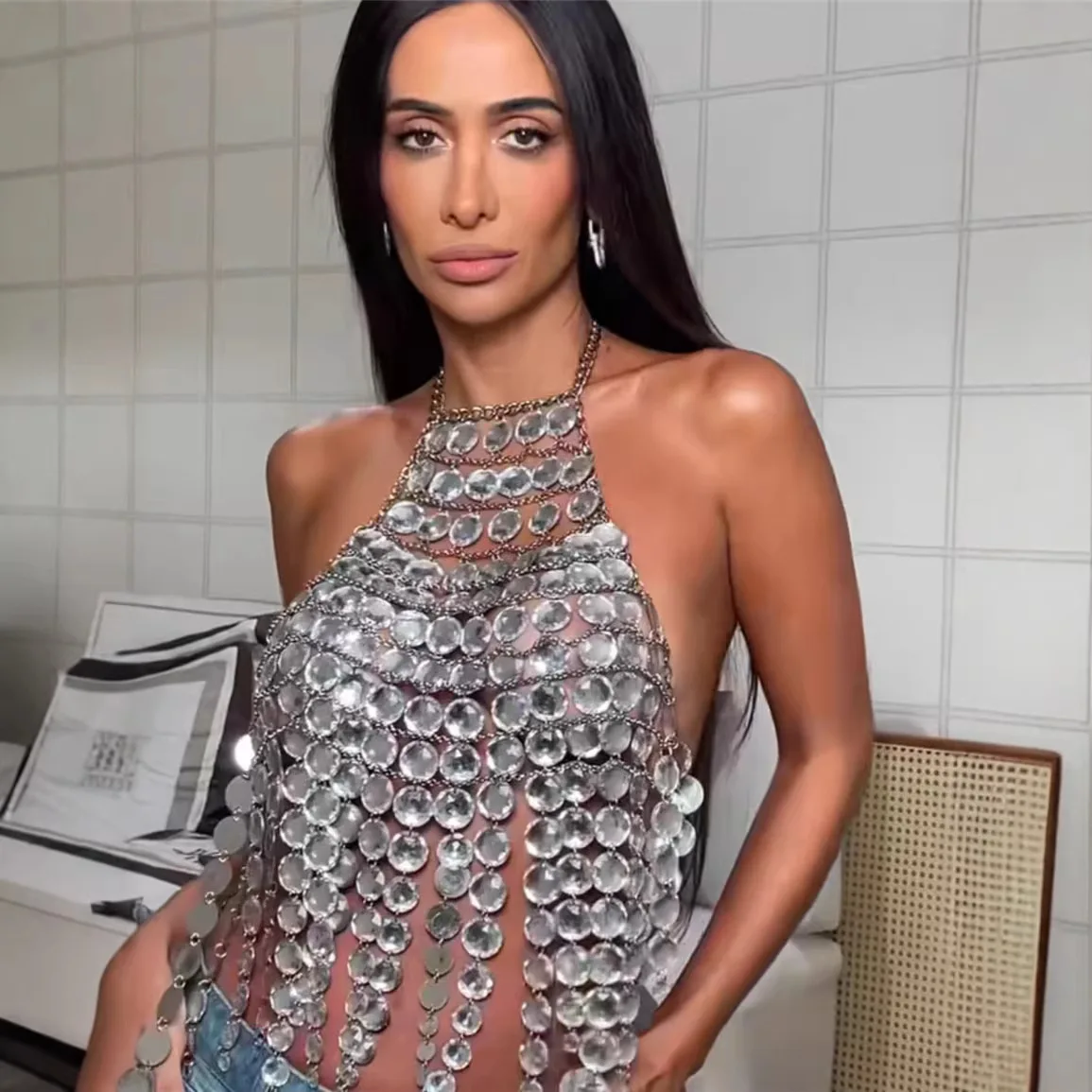 Women Silver Rhinestone Fringe Halter Tank Top Sparkly Chain Crop Vest Rave Festival Party Club Hollow Out Sleeveless Camisole