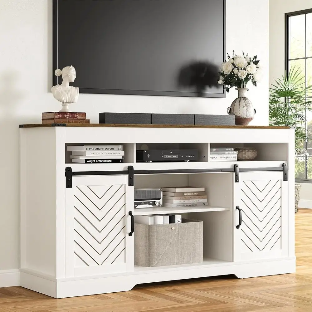 

TV Stand or 65+ Inch TV: armhouse Entertainment Center with Storage, Wood TV ole Cabiwith Sliding Barn Door, Tall Media with Adj