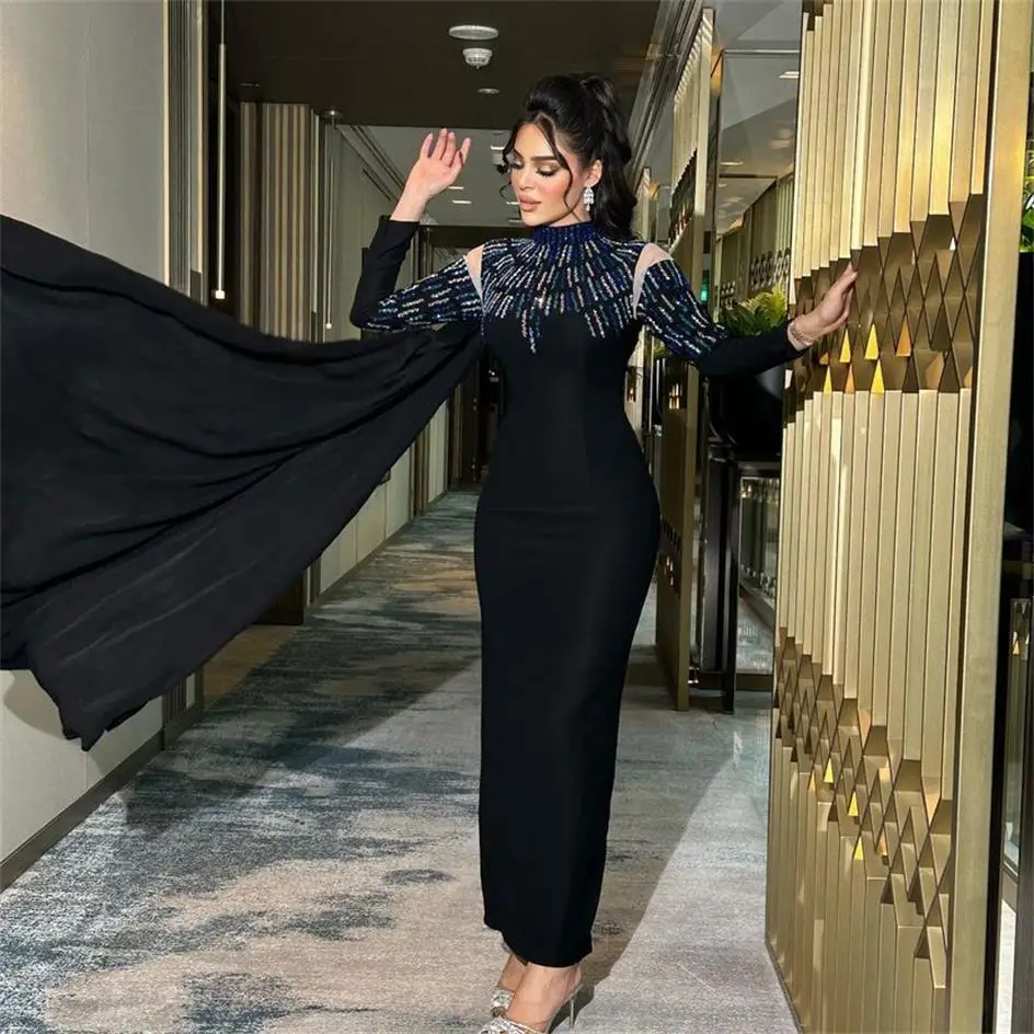 Santorini Suadi Arabia Dubai Party Women Wear Black Mermaid Prom Dresses Handmade Beaded High Collar Long Sleeves Evening Gowns