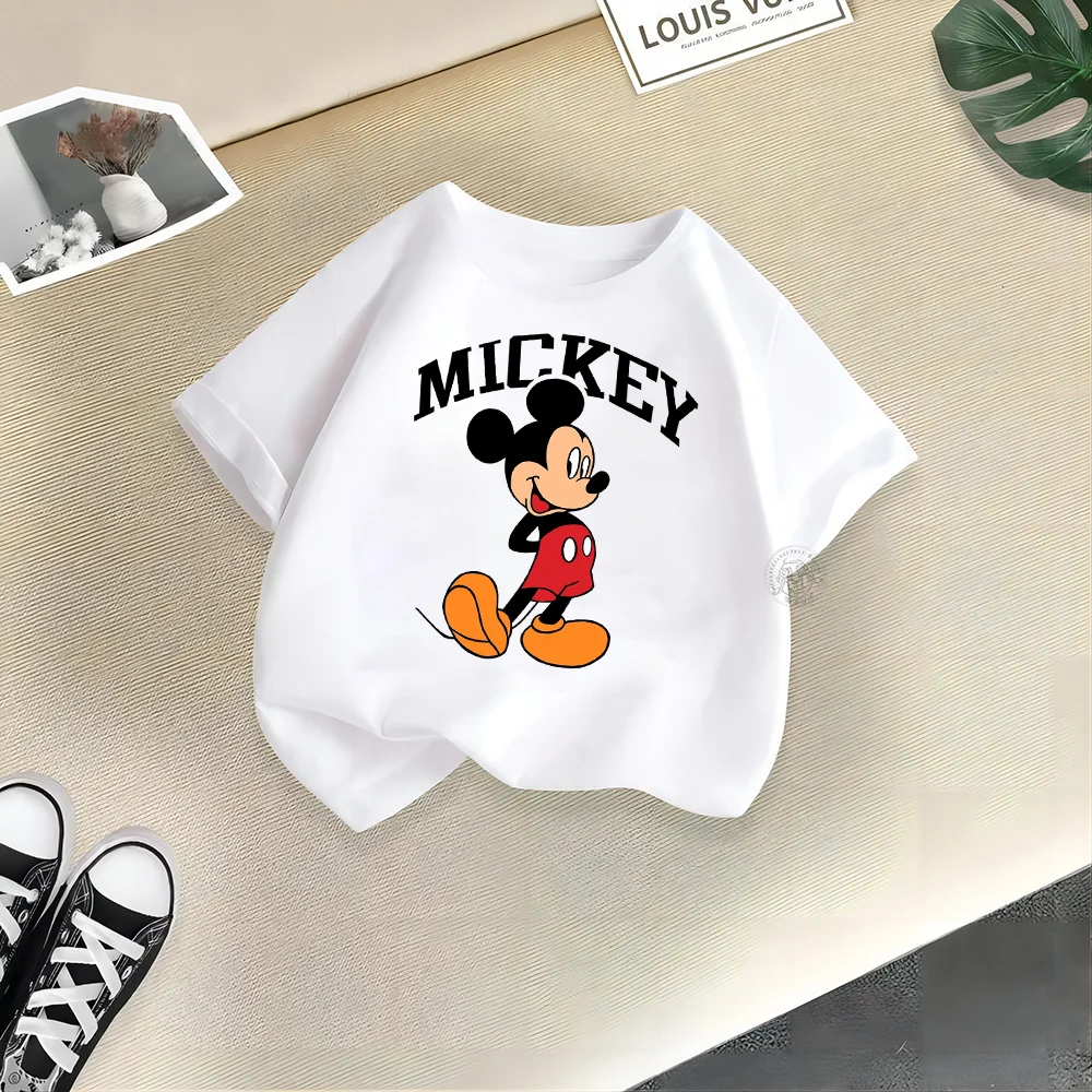 Disney Kids Clothing Summer 100% Cotton T-shirt Mickey Simple fashion printed crew neck T-shirt top Teen boys girls casual T-shi