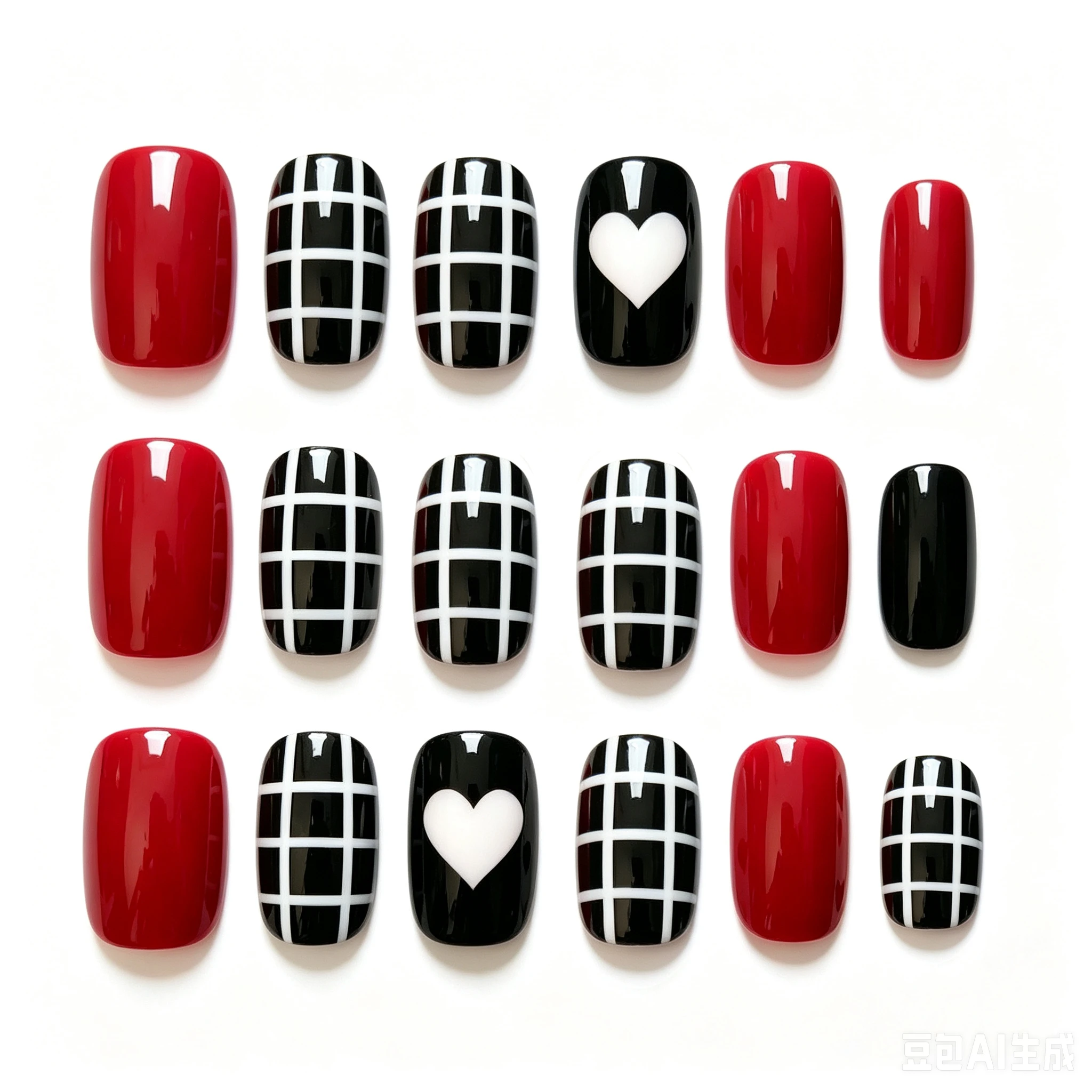 

Short Square Fake Nail Black Red Heart Plaid Press On Nails With Jelly Glue Reusable For Woman Daily Wear