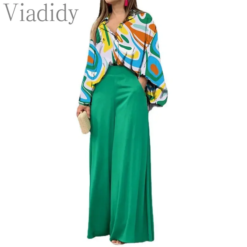 Damska elegancka bluzka z nadrukiem w kształcie skrzydła nietoperza i spodnie z szerokimi nogawkami z wysokim stanem, 2 szt. Zestaw