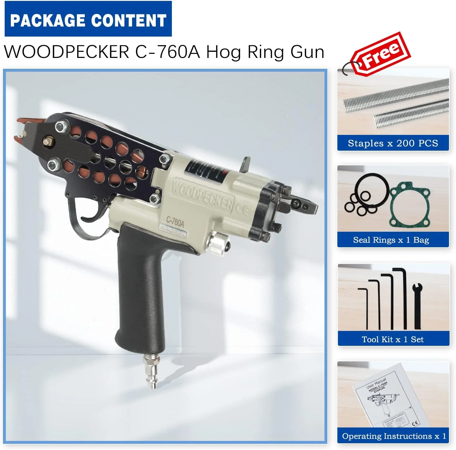 Woodpecker C-760A 16 Gauge 1/2-Inch 3.2mm Closure Diameter C Ring Piler Pneumatic C Hog Ring Gun for Cage SC760