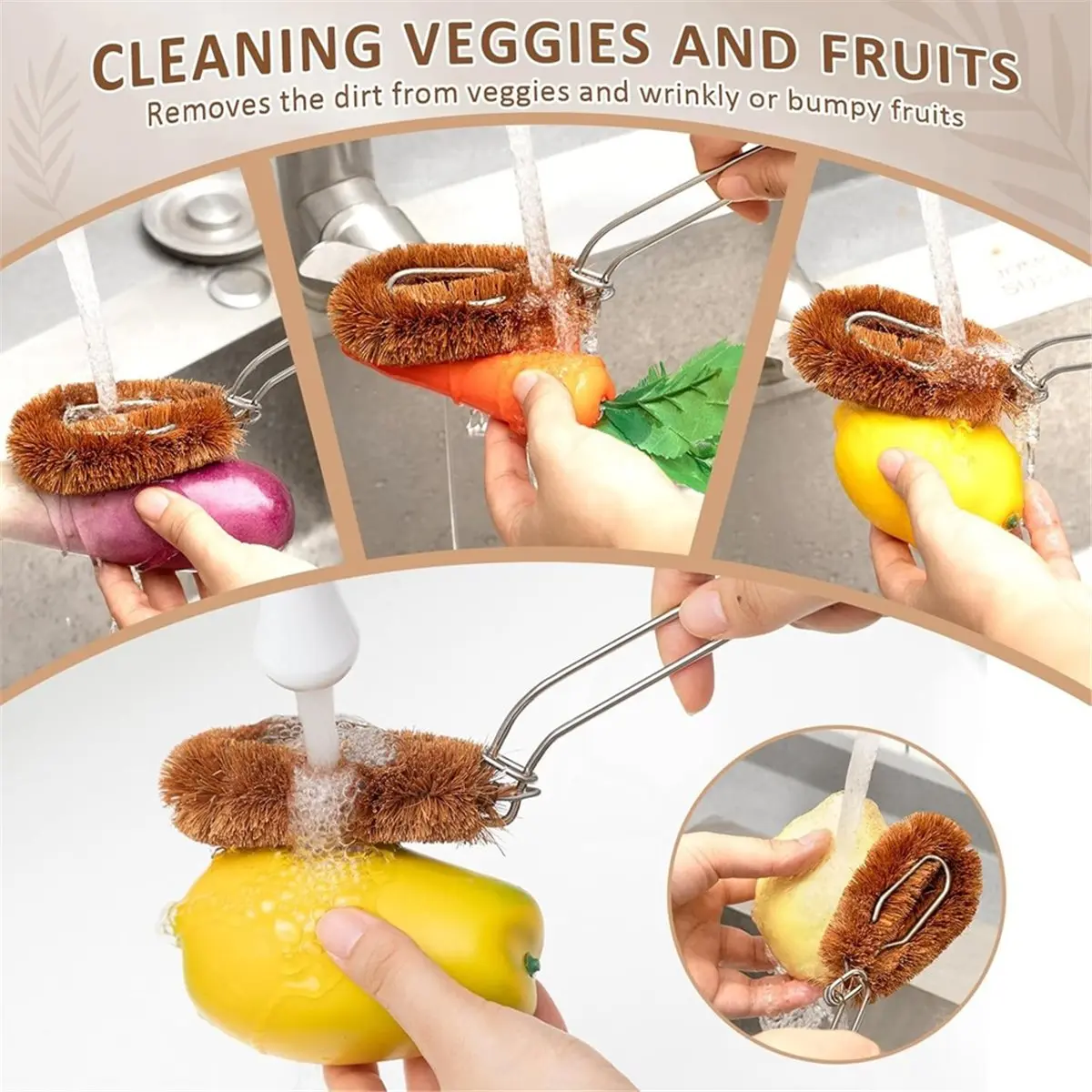 Coconut Coir Fiber Brush with Handle,3 Scrub Brush Heads Ideal for Fruit Veggie Scrub Wash,Kitchen Cleaning Needs