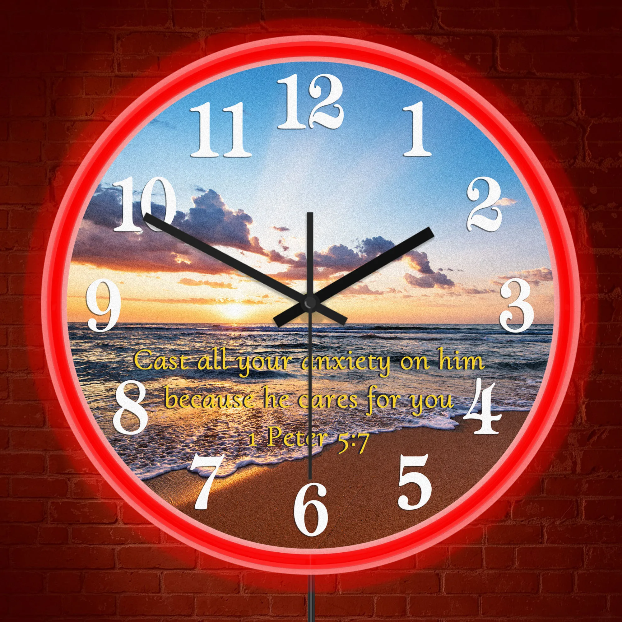 Beach Sunset 1 Peter 5:7 Bible Verse Neon Wall Clock for Church Prayer Room Scripture Illuminated Sign Baptism Christian Gift