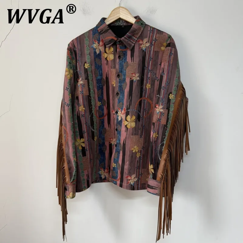 

WVGA Tops Spring Autumn New Man Tidehigh Street Vintage Printed Y2K PU Tassel Trendy Niche Chic Casual Long Sleeve Shirts W11317
