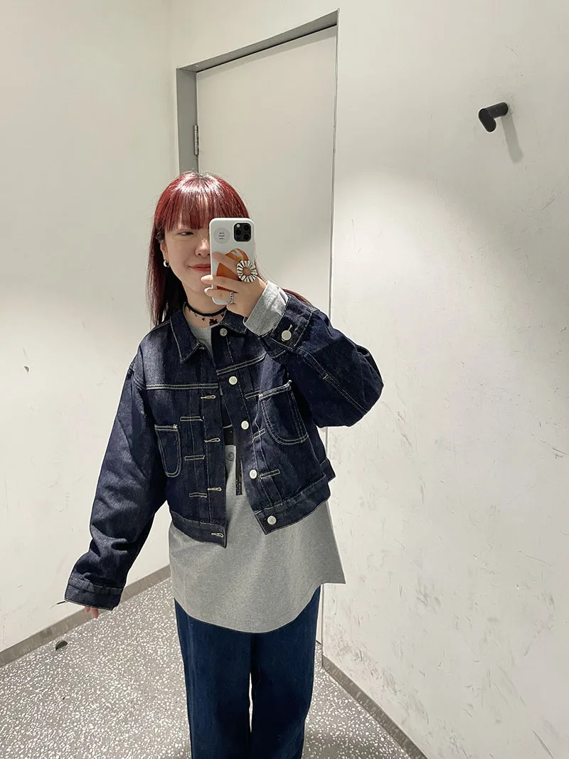 

Джинсовая куртка оригинального цвета с классическим воротником, верхняя одежда в стиле ретро, весна-осень k, синее утягивающее пальто для женщин