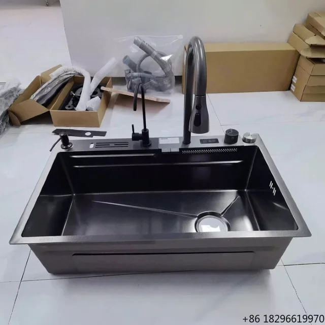 

Modern Single Bowl Kitchen Sink with Faucet Stainless Steel Brushed Surface Counter Installation One-Hole Vegetable Friendly