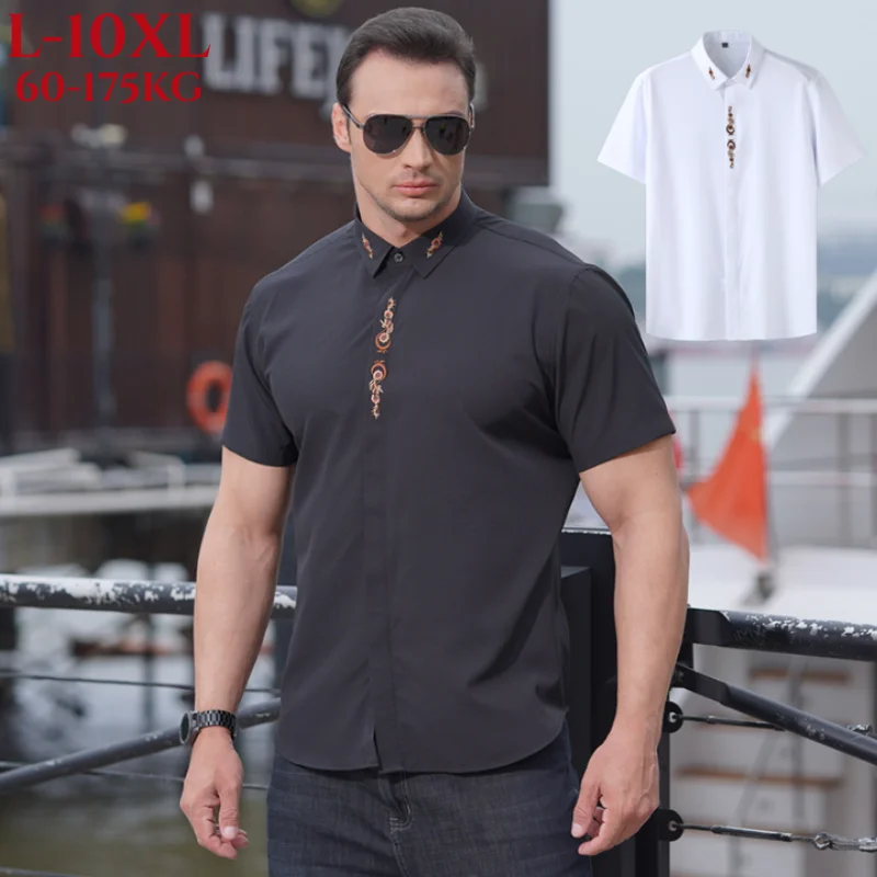 

Embroidery Elastic Oversized Wash And Wear 8xl 10xl Men's Luxury Casual Formal Shirt Short Sleeve Business Dress Tops Plus Size