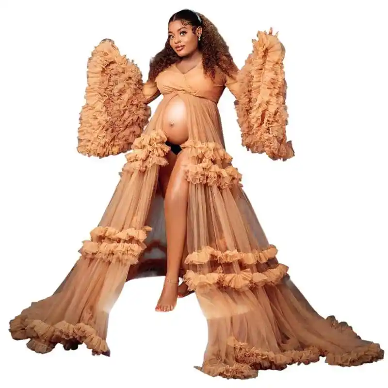 Fluffy Tulle Maternity Gowns Photo Shoot Custom Off Shoulder Women Long Dresses Beach Birthday Party Bathrobe Bridal Sleepwear view 2