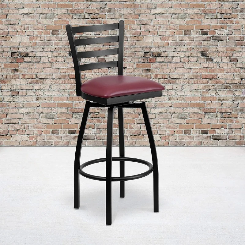 2 Pack  Series Black Ladder Back Swivel Metal Barstool - Burgundy Vinyl Seat