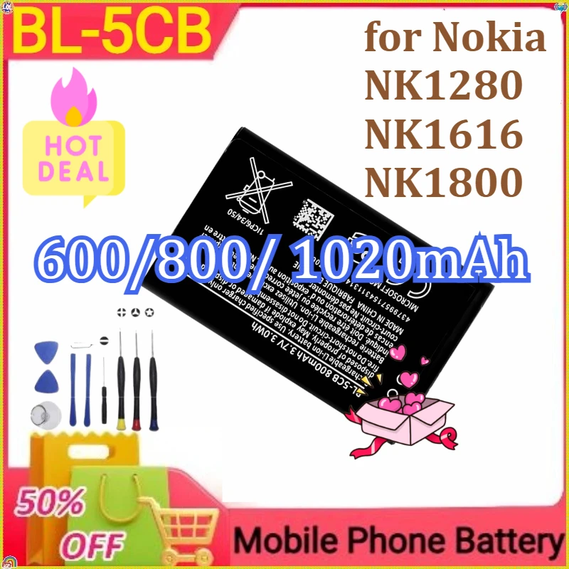 

BL-5CB for Nokia NK1280/NK1616/NK1800 Mobile Phone Battery 600mAh 800mAh 1020mAh+Tools