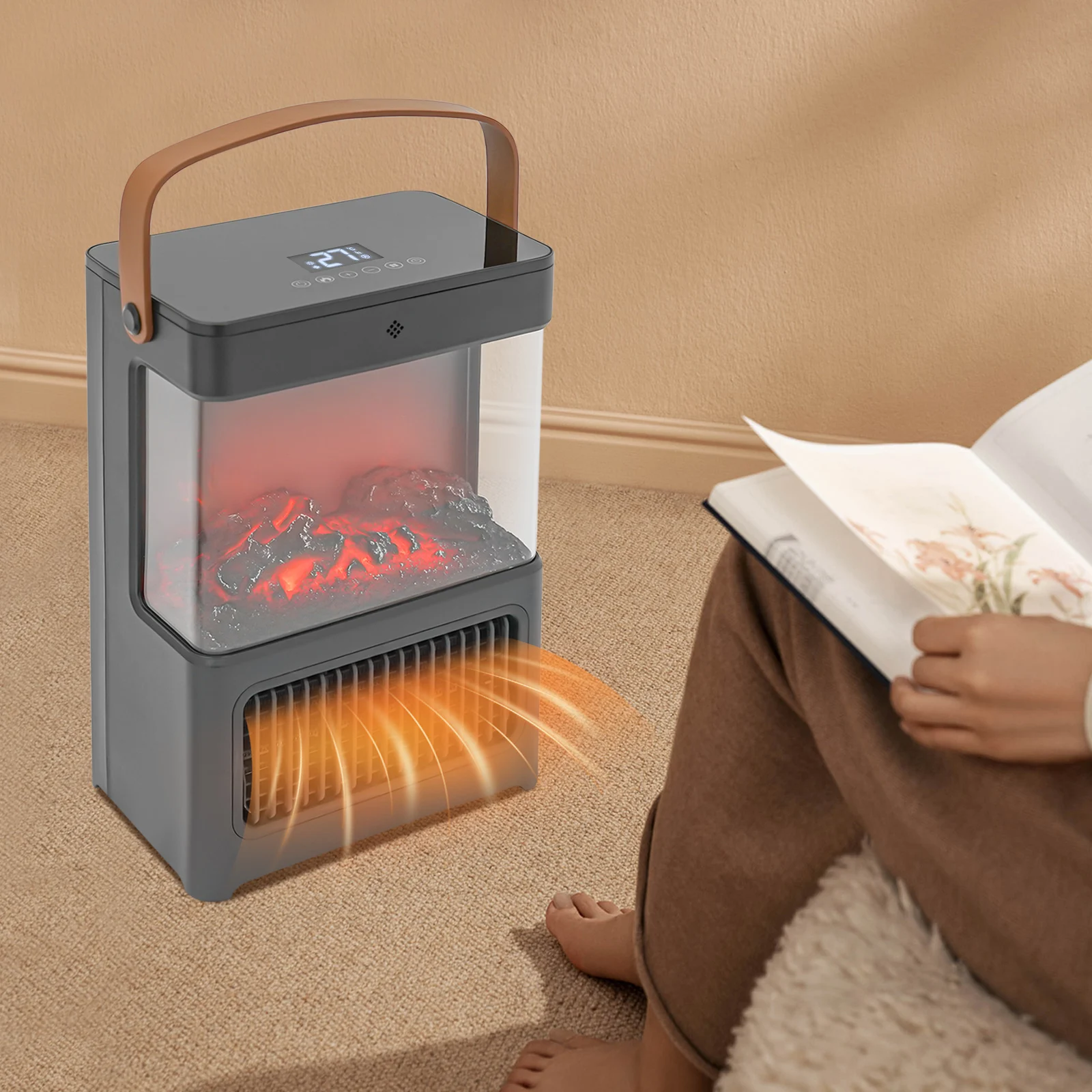 

3D Simulation Fireplace Heater with Handle Black Portable Electric Fireplace 3 Mode Winter Heater Fireplace with 3D Flame