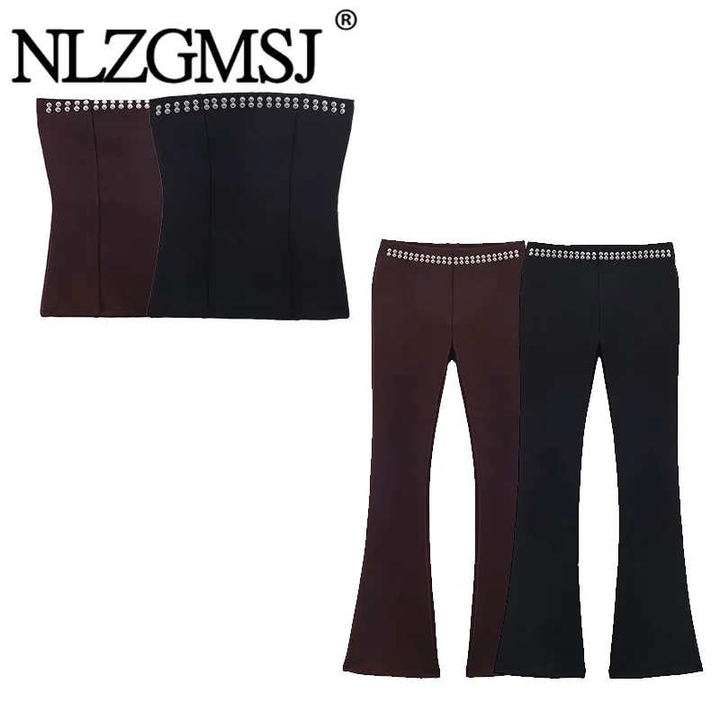 NLZGMSJ 2026 Sommer Damen Nieten-Dekorations-Set Ärmelloses Rückenfreies Trägerloses Crop-Top Hochgeschnittene Schlaghose Lässige Anzüge Y2K