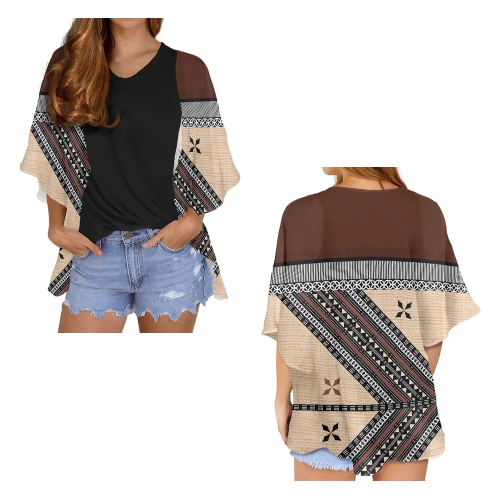 Summer Women Casual Bikini Cover Kimono Cardigans Polynesian Tribal Clothing Samoa Fiji Tapa Printed Half Sleeve Loose Chiffon