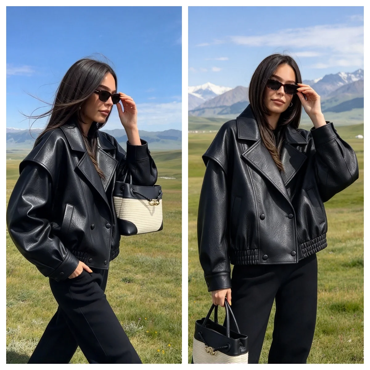 Guobioziy Women's Jacket 2026 Fall/Winter New Arrival Fashionable European and American Style Loose Leather-Effect Bomber Jacket