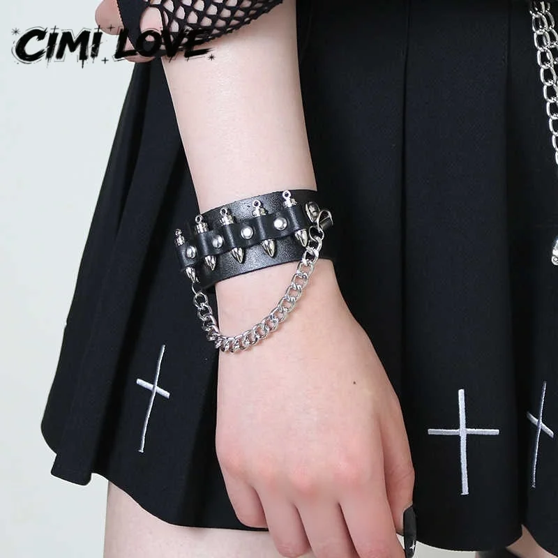 Women Black PU Leather Bullet Bracelet Punk Gothic Grunge Studded Chain Cuff Wristband Alternative Rock Streetwear Jewelry
