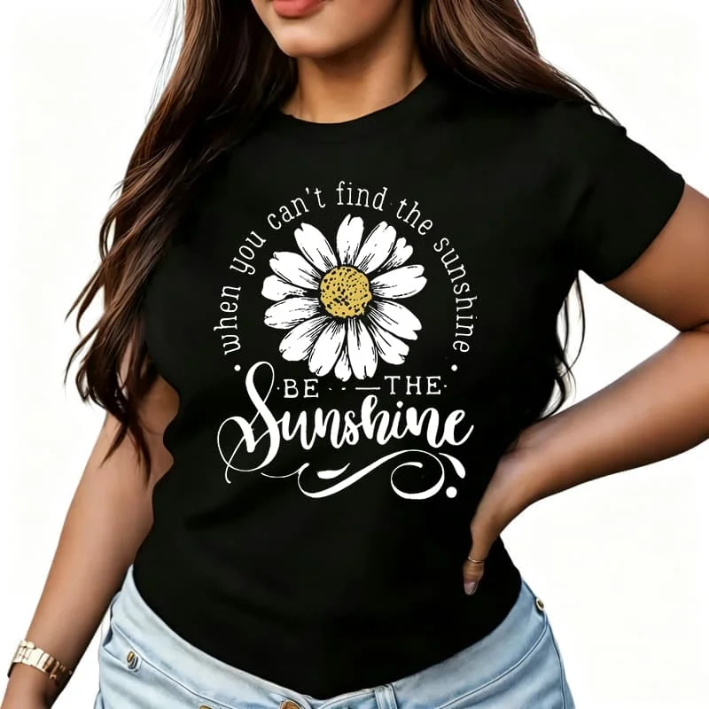 Sunshine Flower Women's T-Shirt 100% Cotton Funny Graphic Short Sleeve Tee Novelty Shirt Casual Crew Neck Top S-5Xl