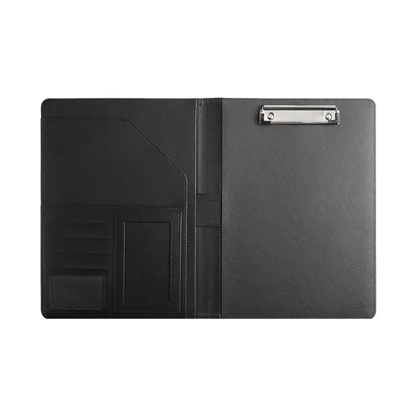 Carpeta de portafolio de PU con portapapeles tamaño A4, organizador de portafolio de negocios de cuero negro para hombres y mujeres-AEF7
