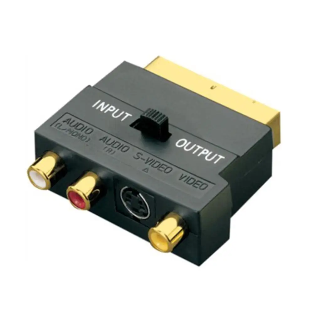 Black ABS SCART to Triple RCA Phono Socket Directional Switch Audio Video Adapter for TV DVD Systems